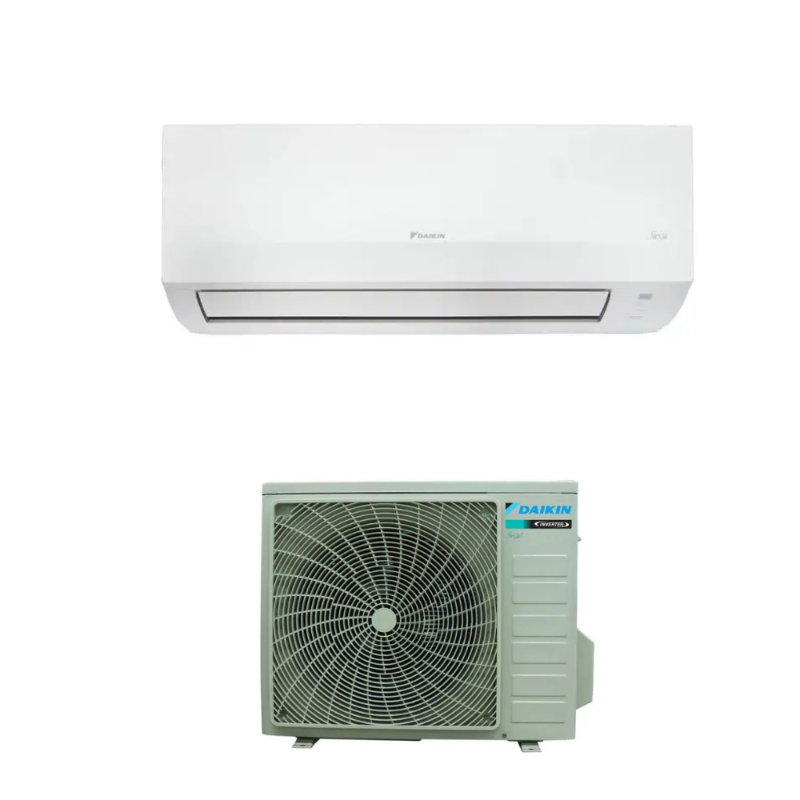 White Daikin split air conditioning system with wall-mounted indoor unit above and outdoor condenser unit below on white background