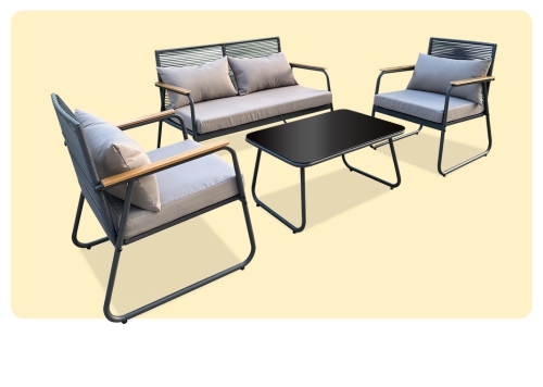 Modern outdoor patio furniture set with two-seat sofa, two armchairs, grey cushions and black metal coffee table