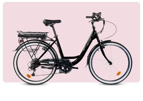 Black step-through electric city bicycle with rear rack battery, mudguards and lights on pale pink background