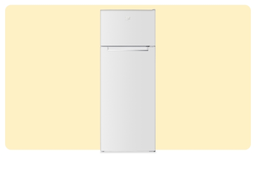 Front view of a white top-freezer fridge on a pale yellow background, minimalist modern kitchen appliance