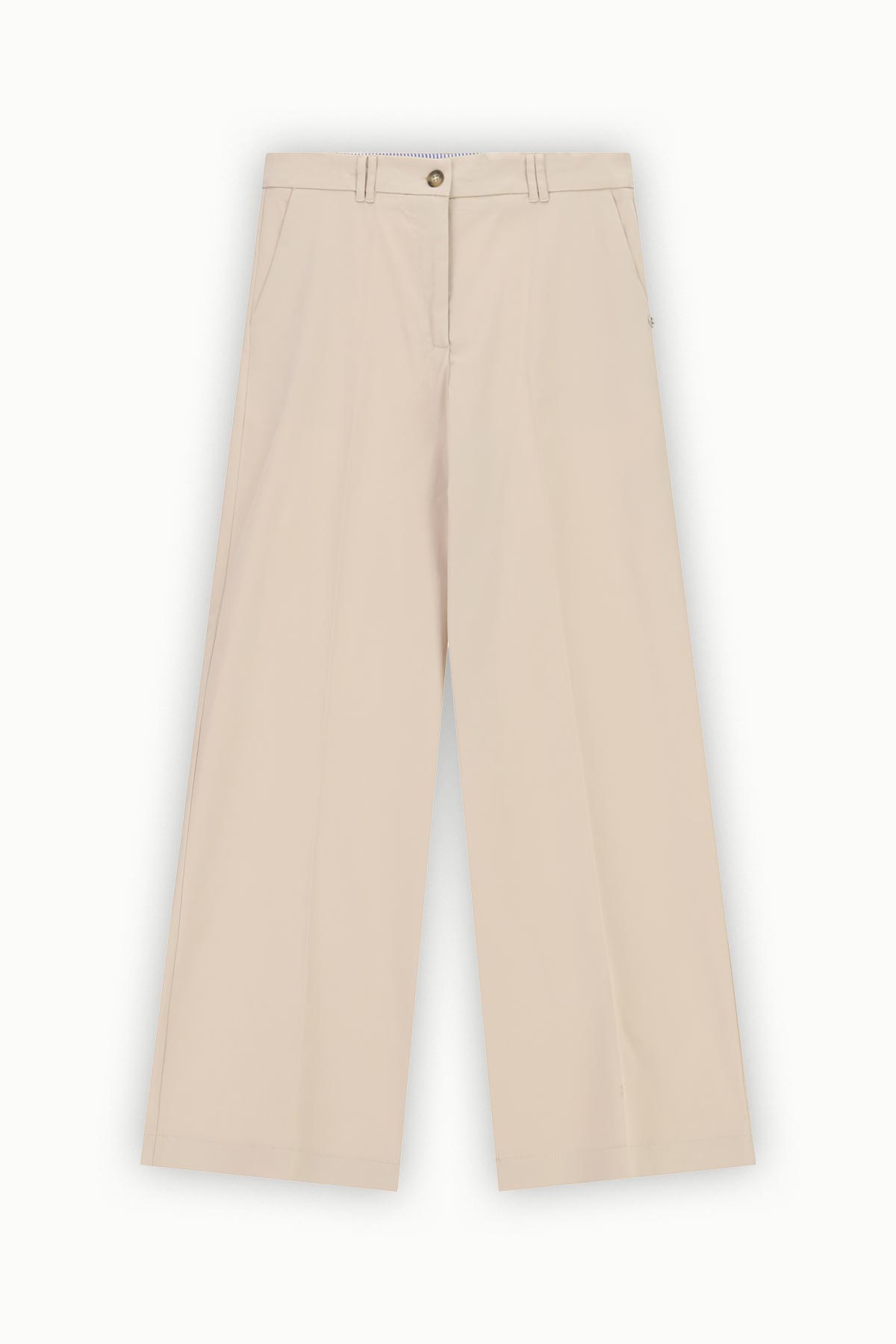 Beige wide-leg trousers with high waist, belt loops and front button, flat lay on white background