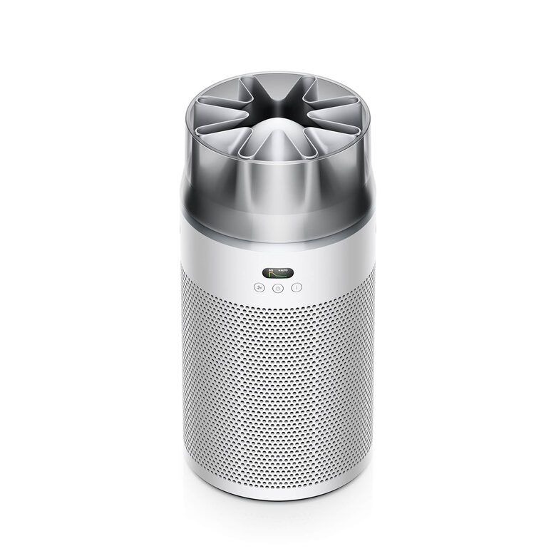 White cylindrical air purifier with perforated body, digital display and turbine-style top fan on white background