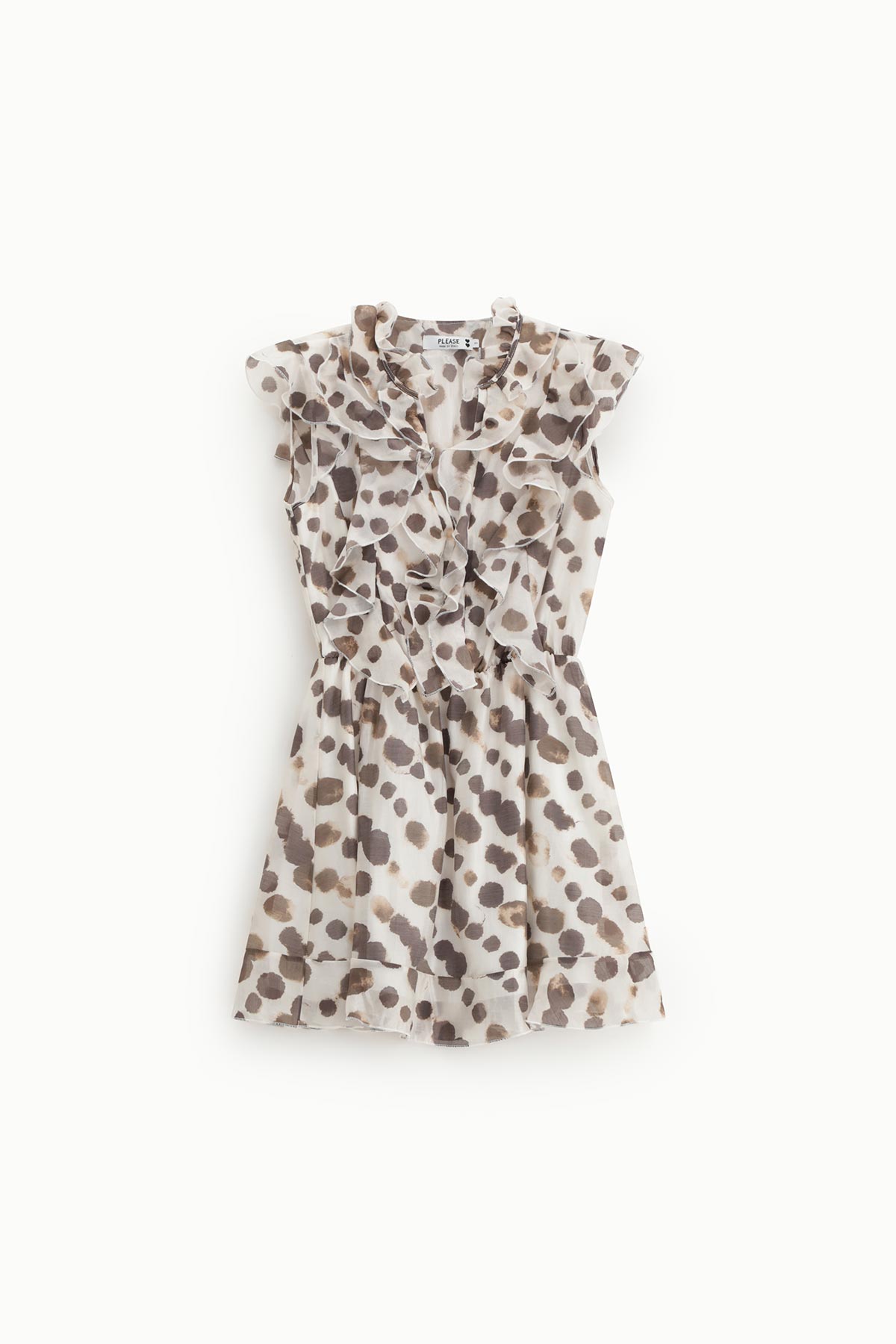 Women's sleeveless ruffle chiffon dress with beige and brown polka-dot print, short length