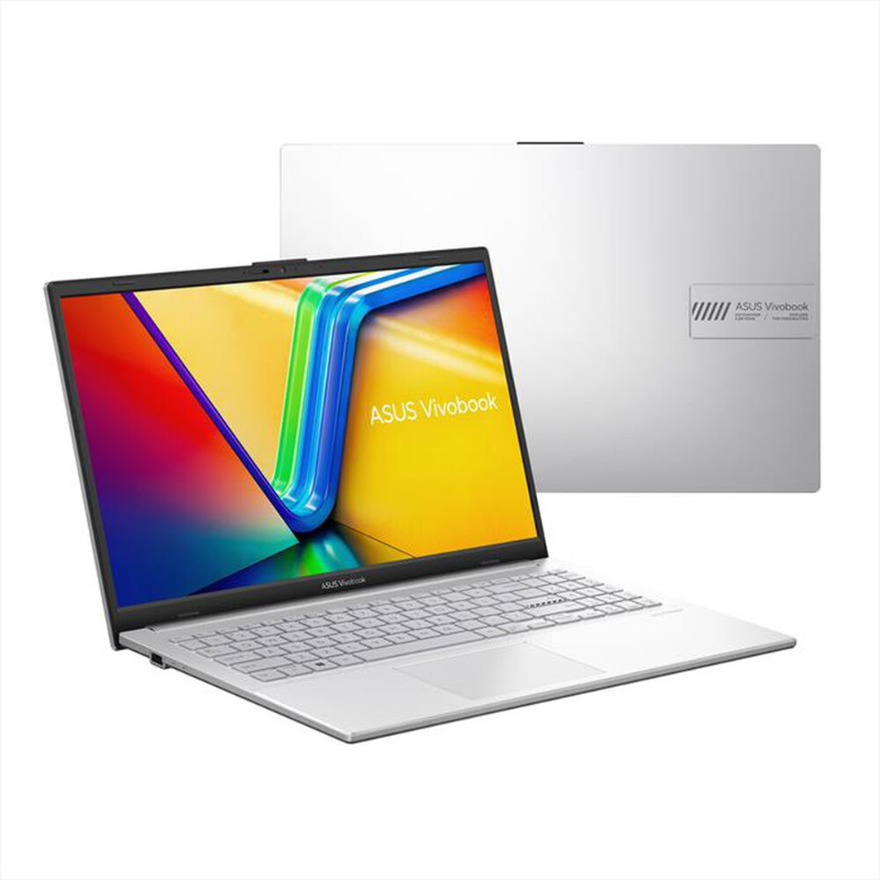 Silver ASUS VivoBook laptop open with colourful display and full keyboard, thin bezels and brushed-metal lid