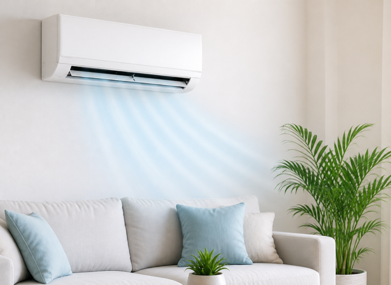 White wall-mounted air conditioner blowing cool air over a light grey sofa with blue cushions and potted plants