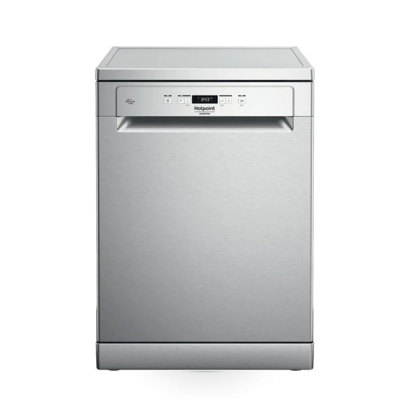 Hotpoint stainless-steel freestanding slim dishwasher with front control panel, recessed handle and digital display