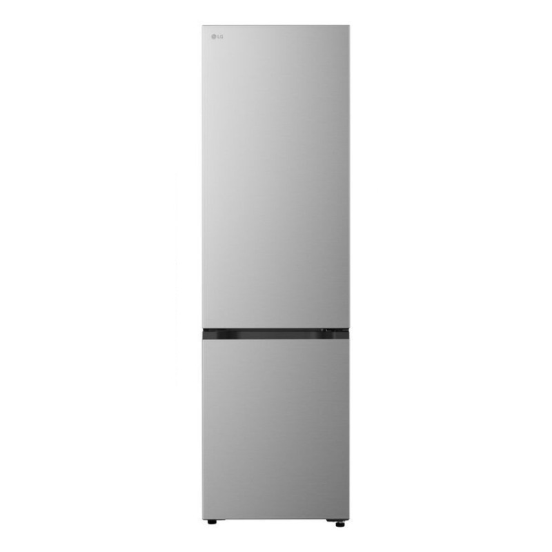 Tall slim stainless-steel LG refrigerator with top fridge and bottom freezer, two-door modern design on white background