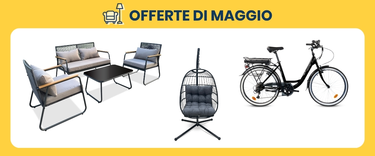 May offers banner showing outdoor grey lounge sofa set, hanging egg chair and black city bicycle on yellow background