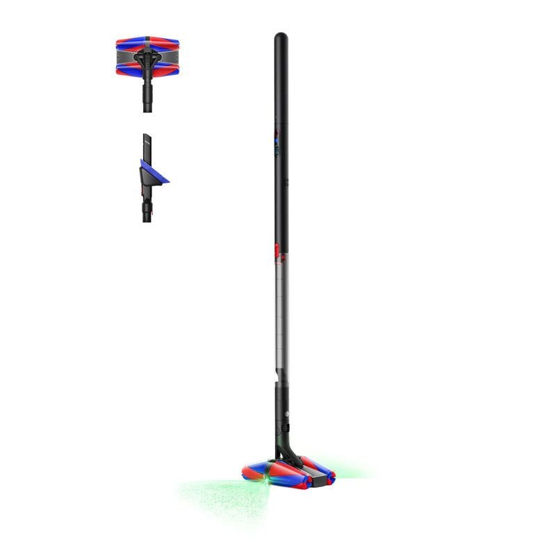 Slim cordless stick vacuum cleaner with black and grey wand and red-blue triangular motorised floorhead casting green cleaning light on white background