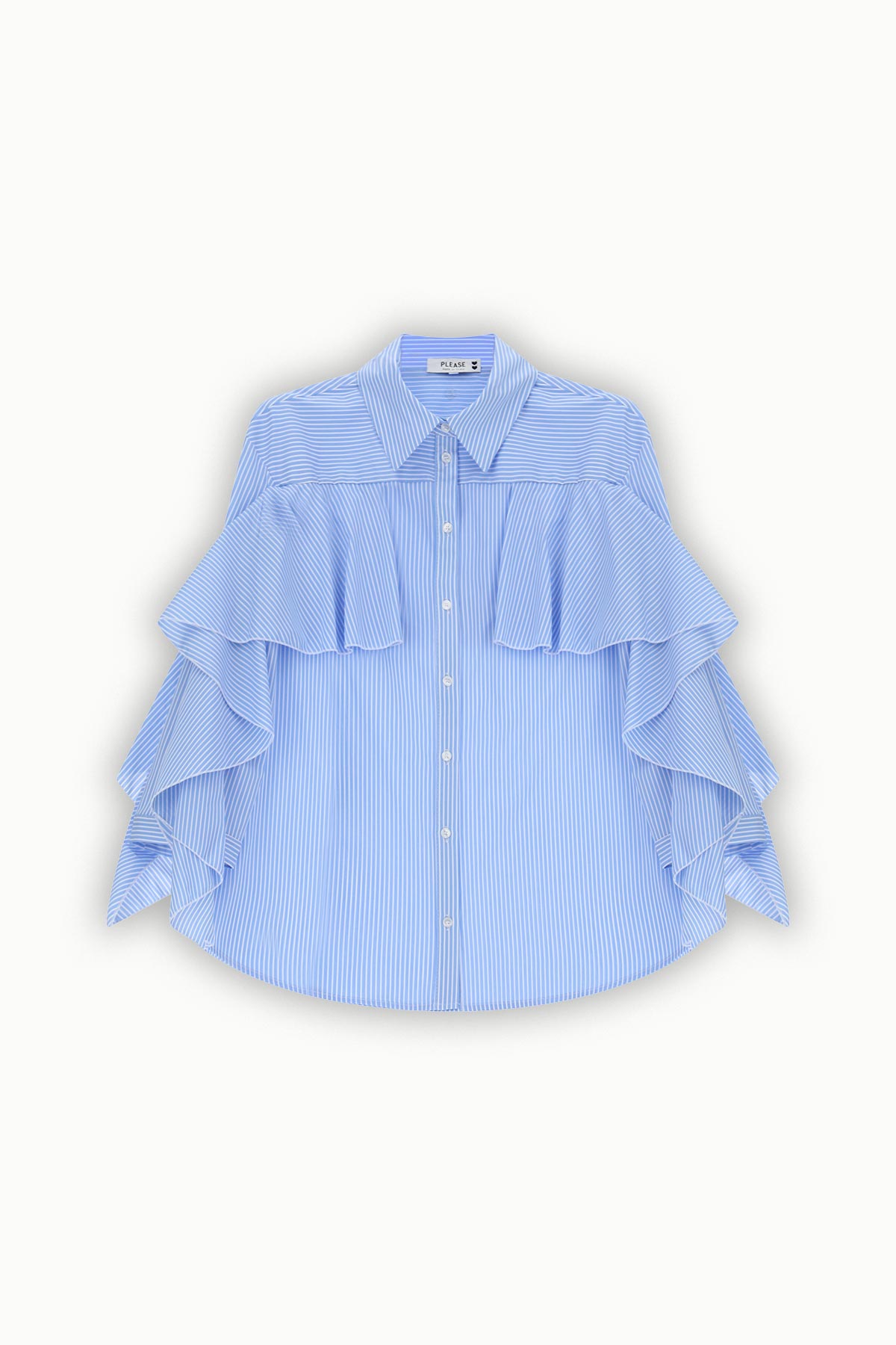 Blue and white pinstripe button-down blouse with layered ruffle sleeves and pointed collar