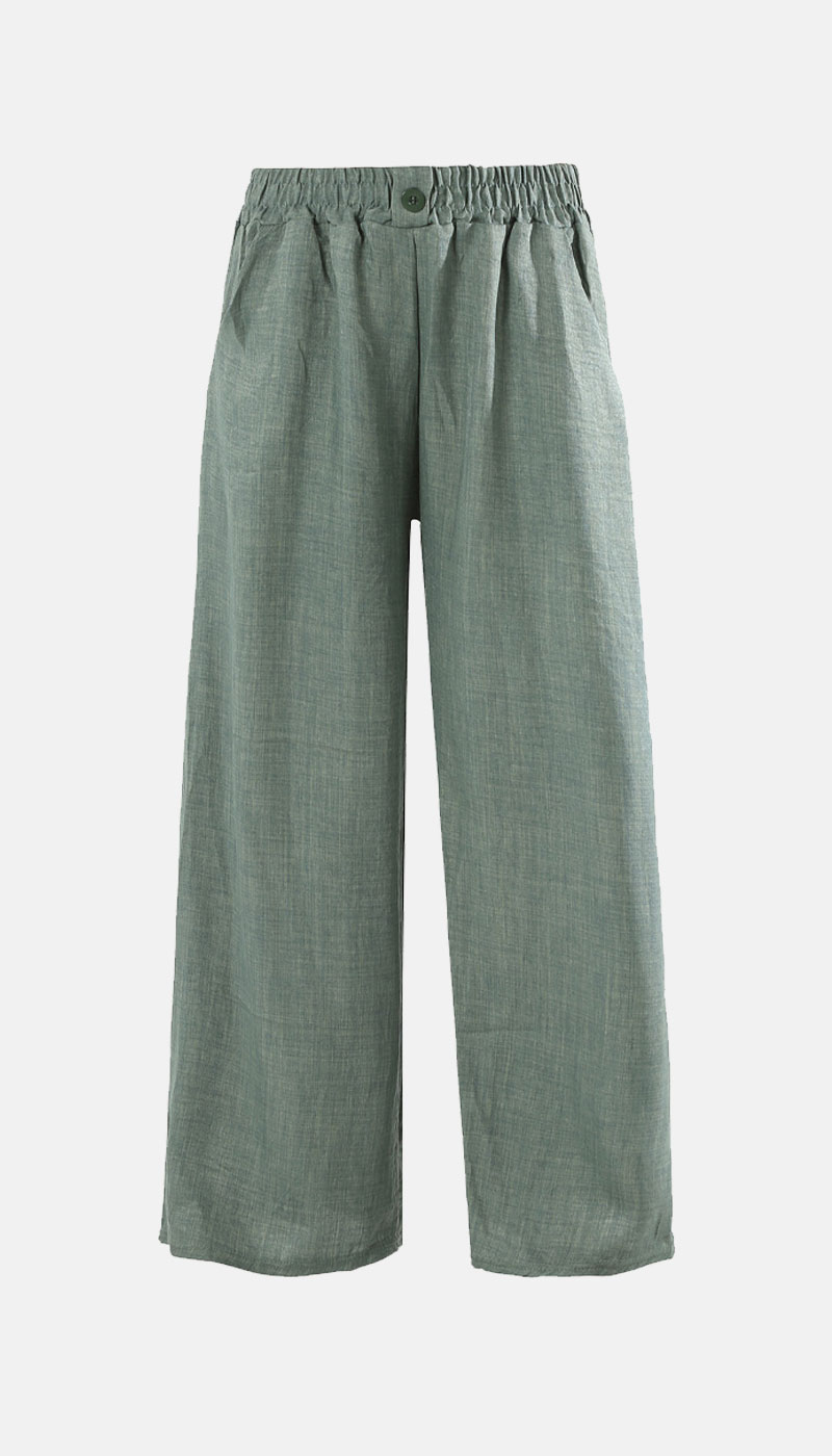 Sage green wide-leg linen trousers with elasticated waistband and single button fastening, relaxed full-length casual pants