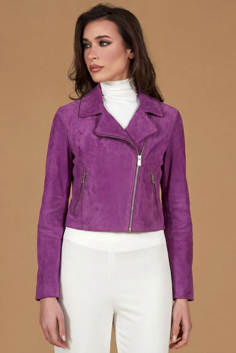 Image of Giacca corta in pelle camoscio glicine stile chiodo
