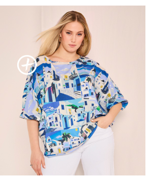 Blusa dal taglio oversize con design ispirato a Santorini, scollo a barca e maniche a 3/4