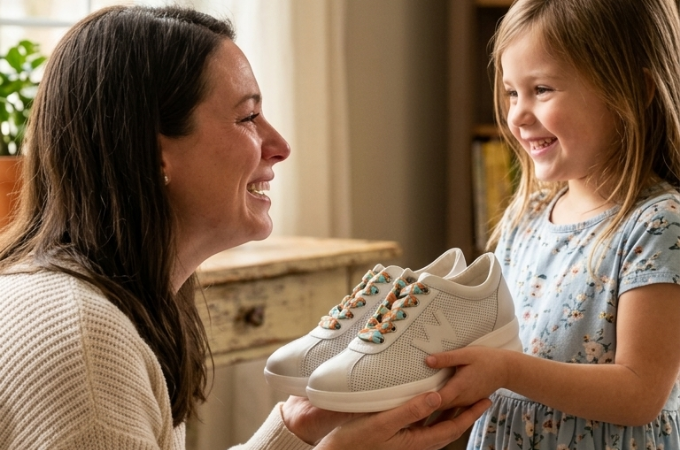 Woman smiling as she gives a young girl a pair of white sneakers with colorful laces in a cozy home setting