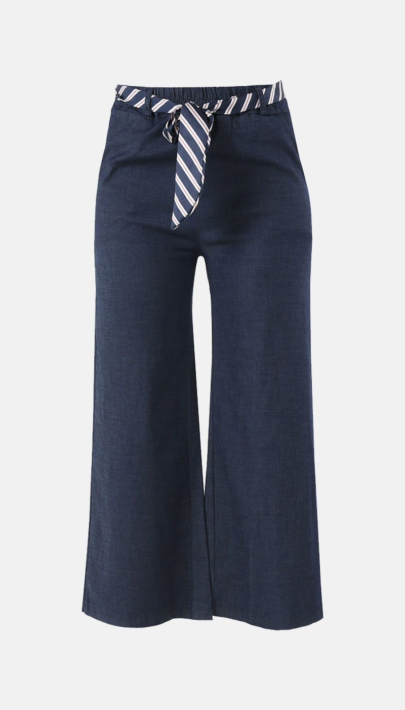 Navy wide-leg cropped women's trousers with navy-and-white striped tie belt, high-waist relaxed fit