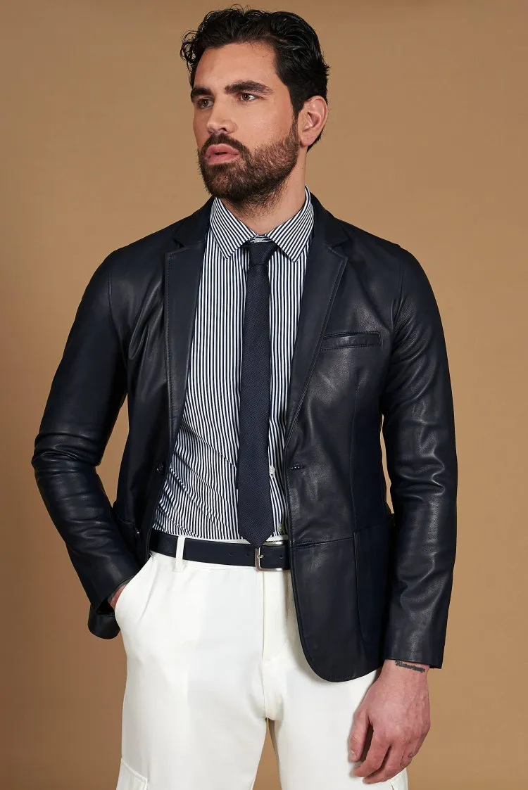 Image of Blazer in pelle naturale blu con due bottoni