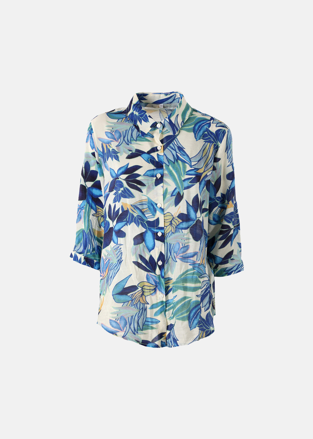 Womens lightweight button-up shirt with blue and teal tropical leaf print and three-quarter sleeves on white background
