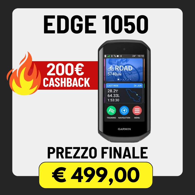 Garmin Edge 1050 cycling GPS device front view with 200€ cashback badge and highlighted final price €499 on white background