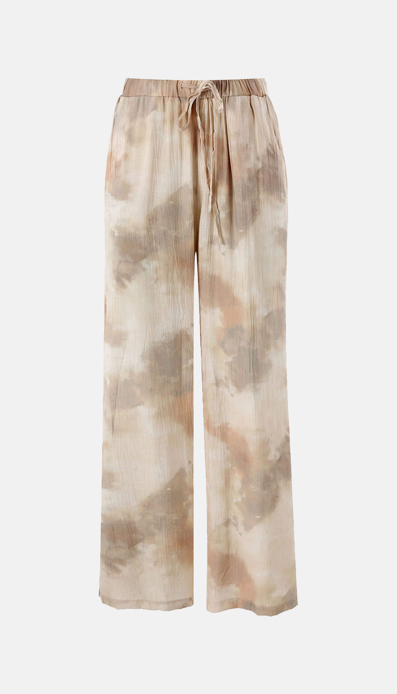 Beige tie-dye wide-leg women's trousers with elastic drawstring waist and lightweight pleated fabric
