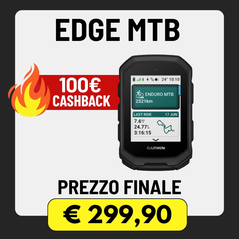 Garmin Edge MTB cycling computer on white background with 100€ cashback badge and final price €299.90 in yellow label