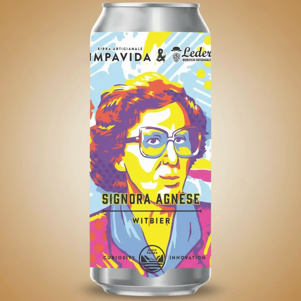 A beer can features a colorful portrait of a woman named Signora Agnese.