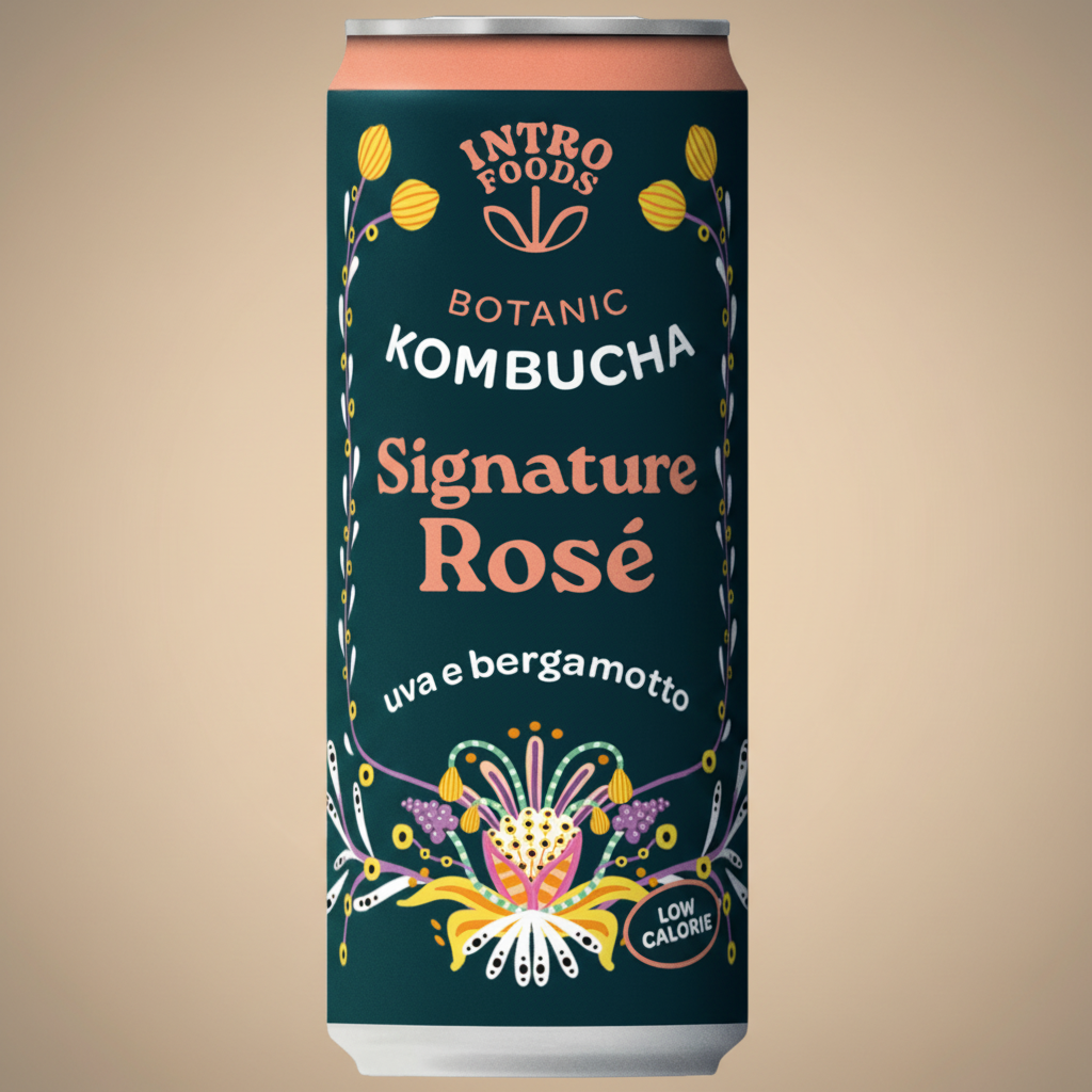 A can of Intro Foods Botanic Kombucha Signature Rosé with grape and bergamot flavor.