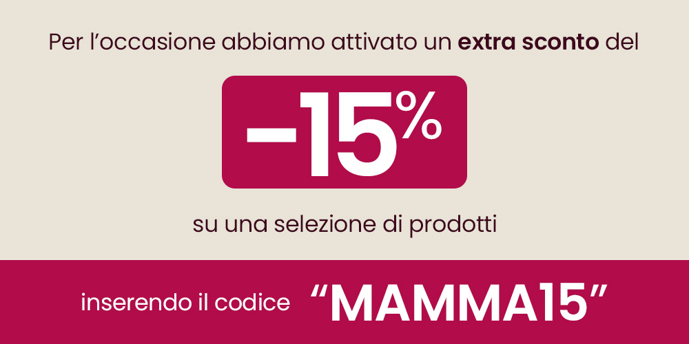 Promotional banner offering an extra 15% off selected products using code MAMMA15
