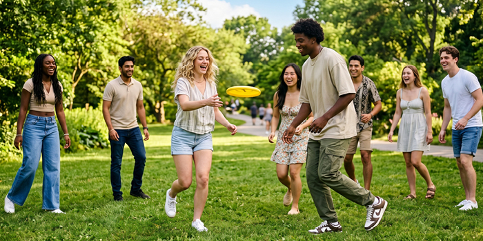 Diverse group of young adults laughing and playing frisbee in a sunlit green park on a summer day