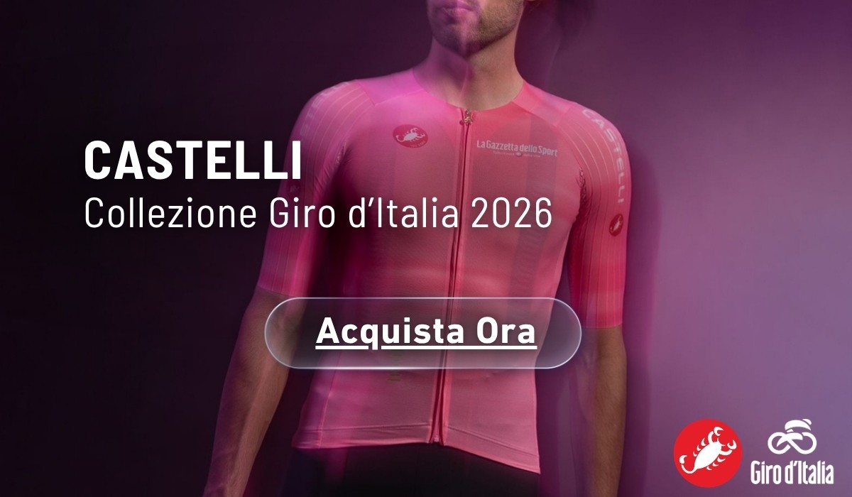 Pink Castelli Giro d'Italia 2026 cycling jersey on a male torso with 'Acquista Ora' buy-now button and Giro d'Italia logo