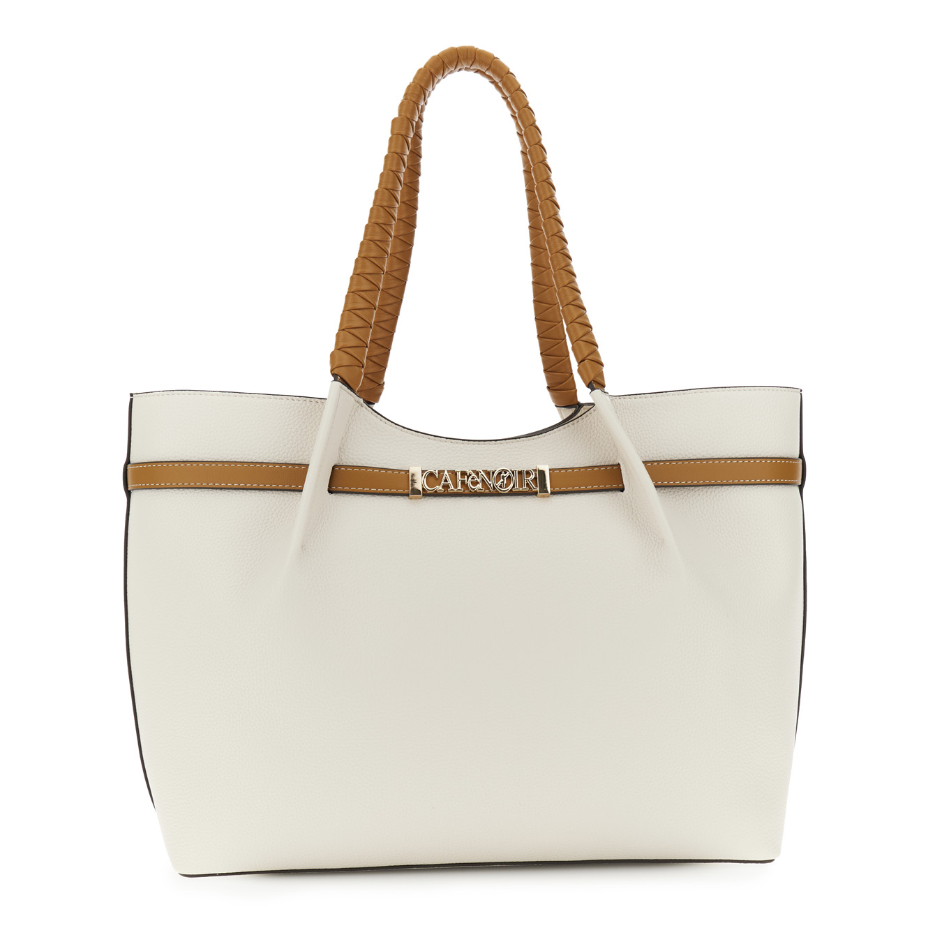 Image of shopping bag con pieghe effetto pelle con grana e rifiniture in similpelle panna/cuoio