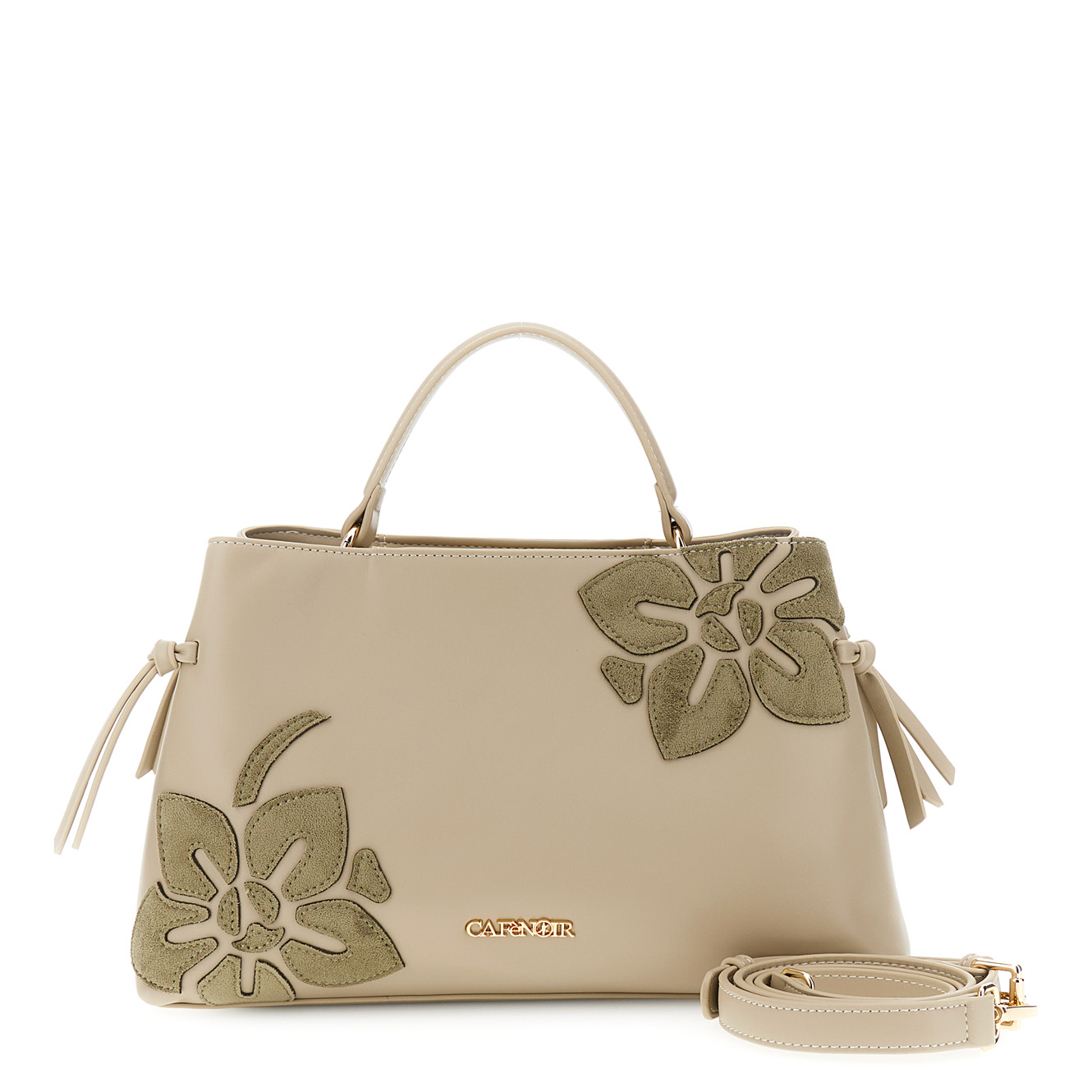 Image of borsa a mano in materiale effetto pelle con applicazioni floreali kaki