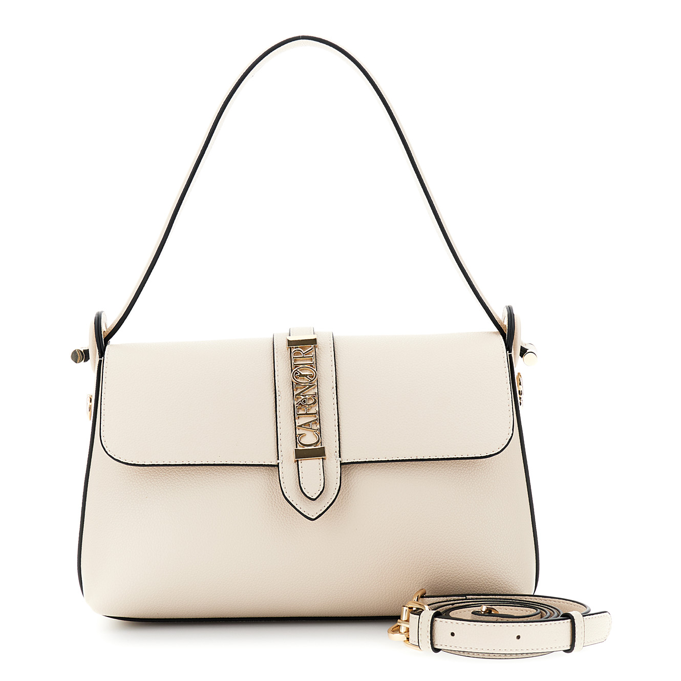 Image of borsa con pattina effetto pelle con occhielli rivestiti e passante in metallo tortora