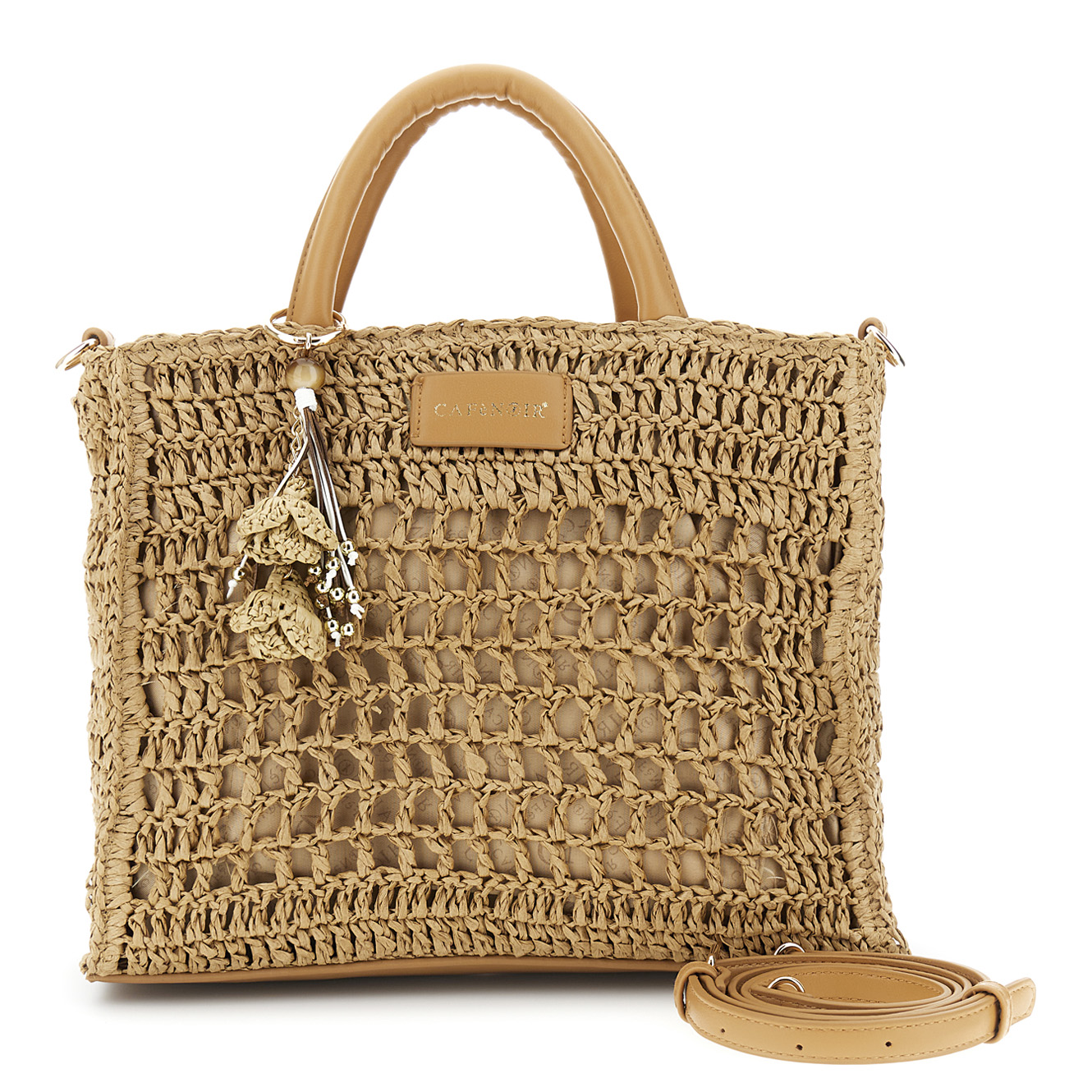 Image of borsa a mano in rafia con lavorazione crochet con charms noce