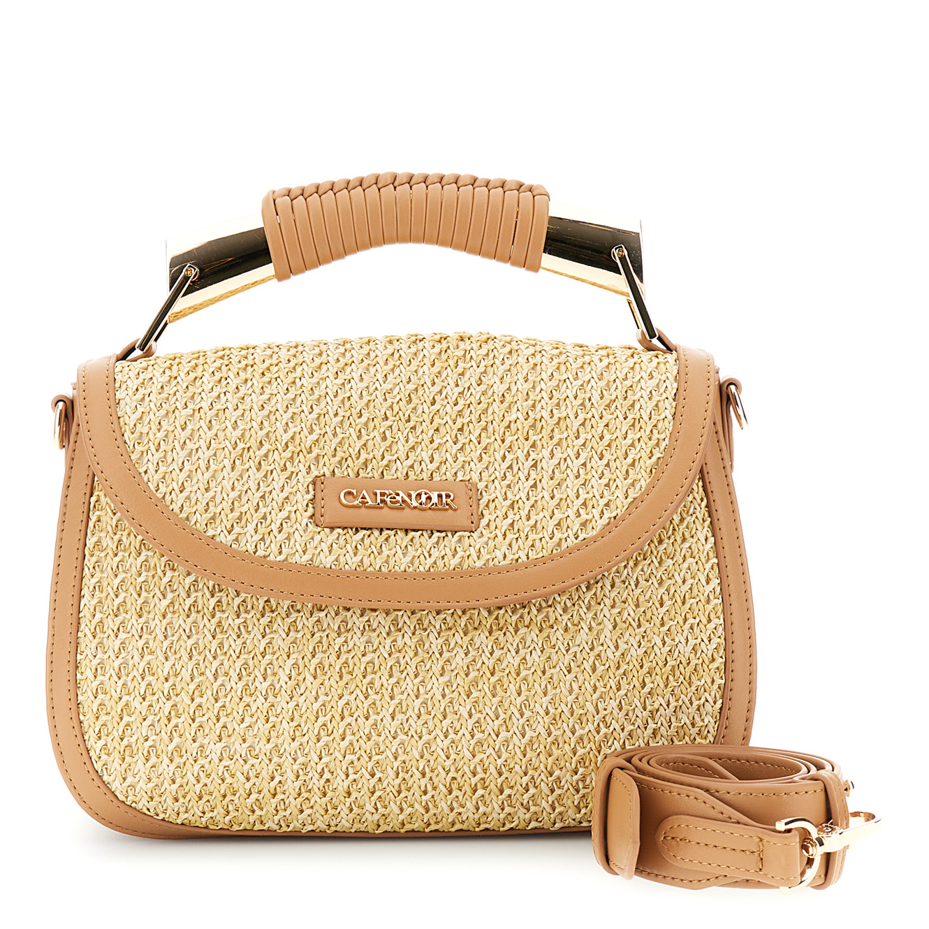 Image of borsa a mano in raffia con pattina e rifiniture effetto pelle a contrasto naturale