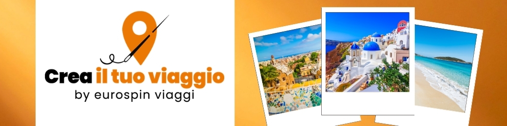 Eurospin Viaggi logo Crea il tuo viaggio with three travel polaroids: Santorini, beach and town