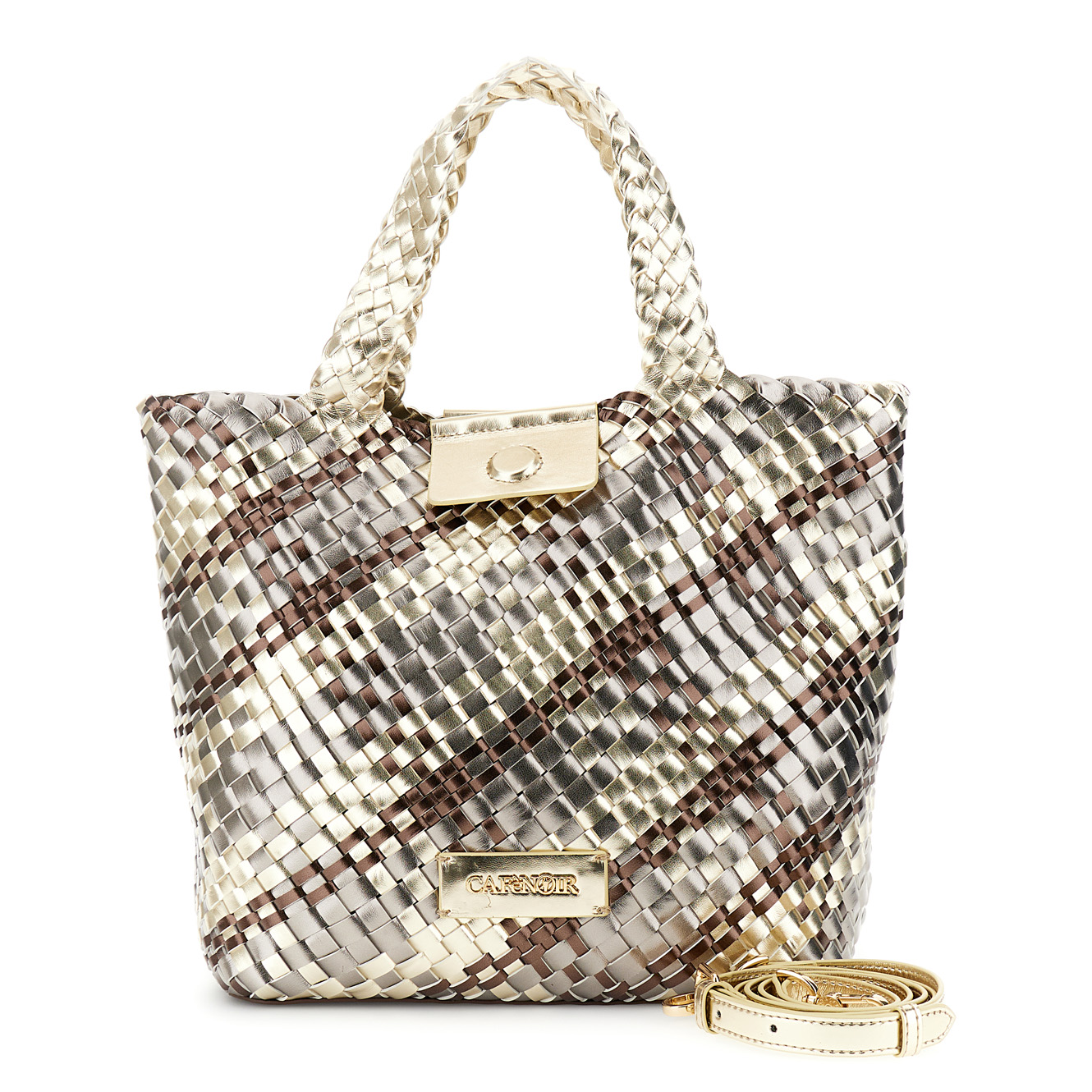 Image of tote reversibile intrecciata in materiale metallizzato multicolor bronzo/platino