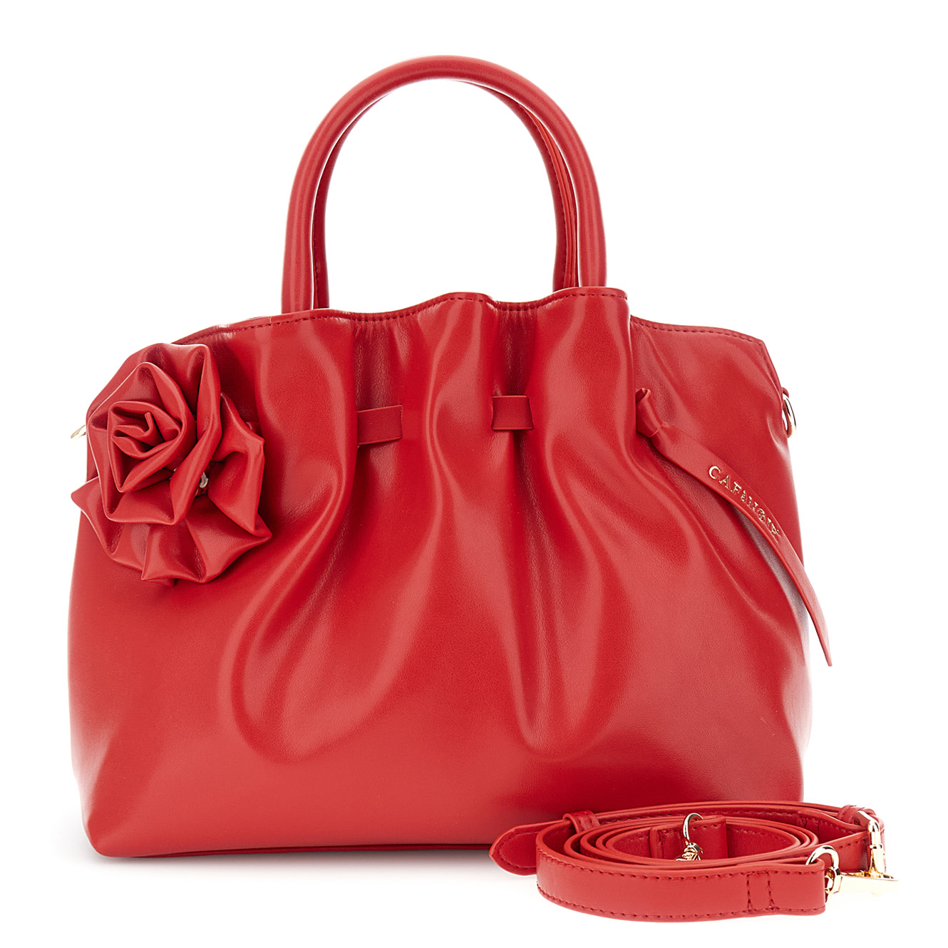 Image of borsa piccola morbida con pieghe effetto nappa con applicazione in tinta rosso