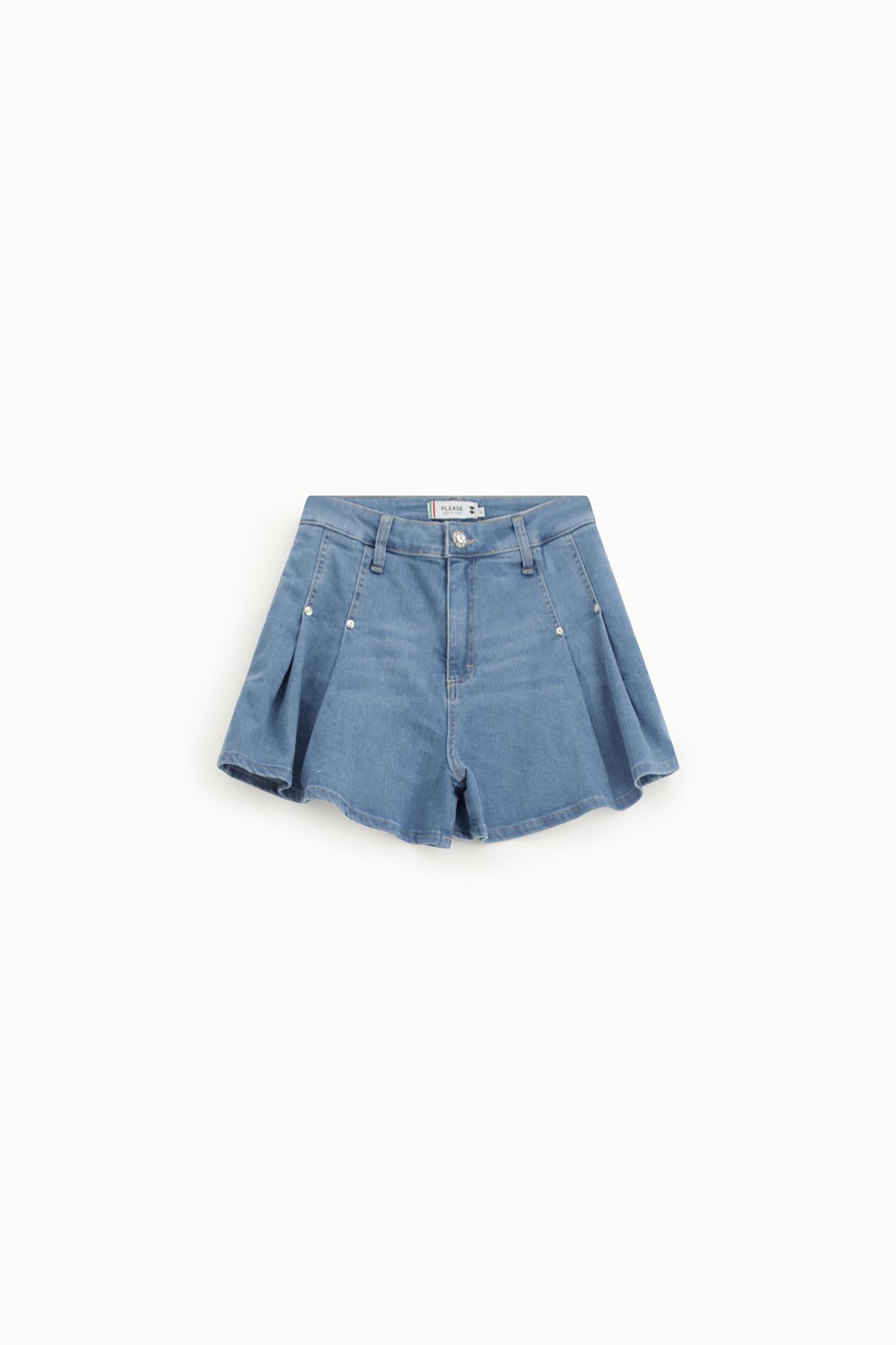 Light blue high-waist denim pleated shorts with front pockets, belt loops and button-and-zip fastening