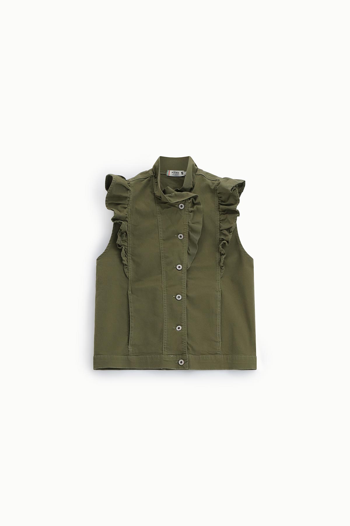 Olive-green sleeveless button-up blouse with ruffled shoulders and high collar, flat lay