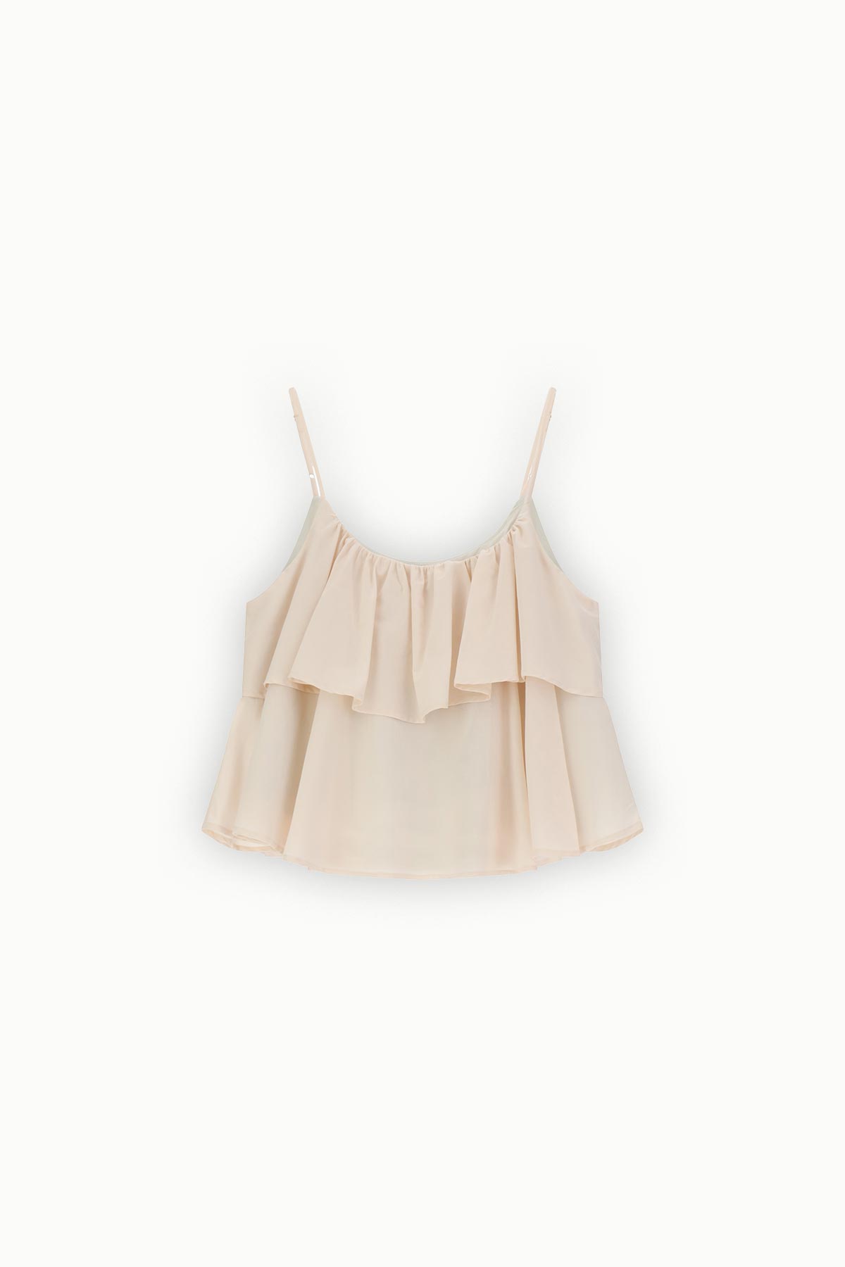 Women's pale blush chiffon cami top with thin straps and layered ruffle tiers, sleeveless summer blouse on white background