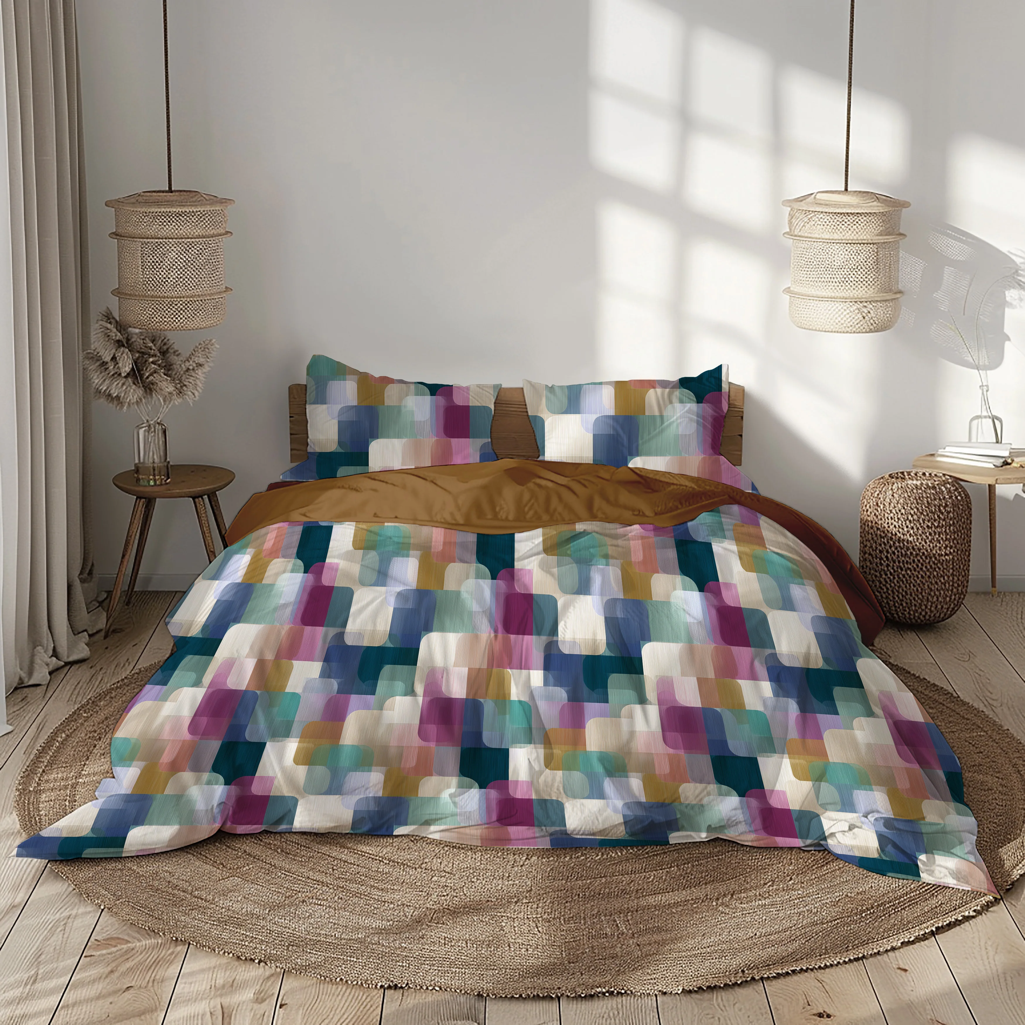 Image of Parure Copripiumino in Percalle di <br>Cotone con Stampa Geometrica - <b>Mosaic