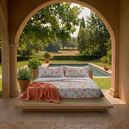 Completo Letto Matrimoniale in Cotone con Stampa - Fantasia Secret Garden Debby Light Blue