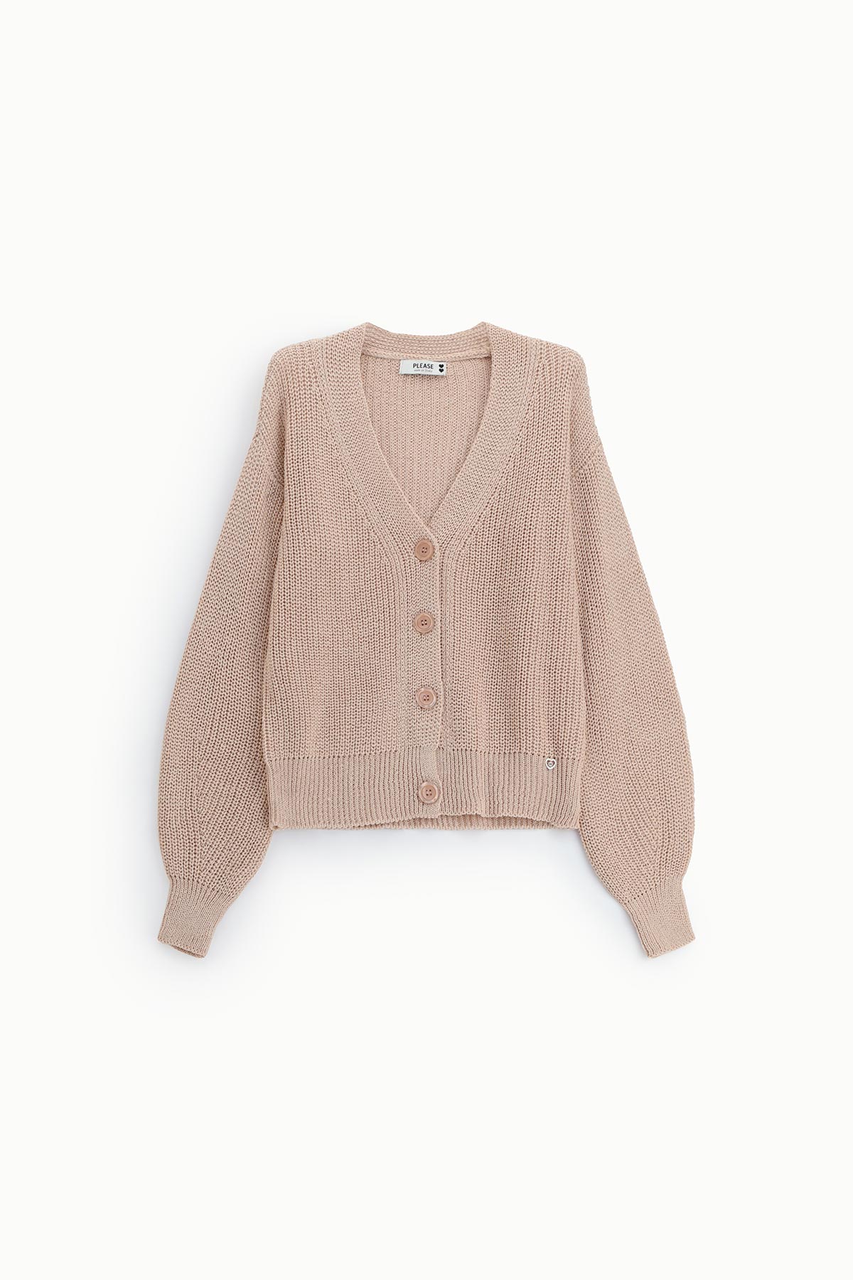 Dusty pink chunky knitted V-neck cardigan with front buttons and balloon sleeves, displayed on a white background