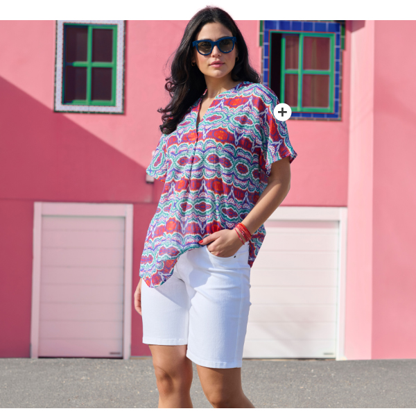 Blusa con fantasia, piega decorativa, collo alto e mezze maniche
