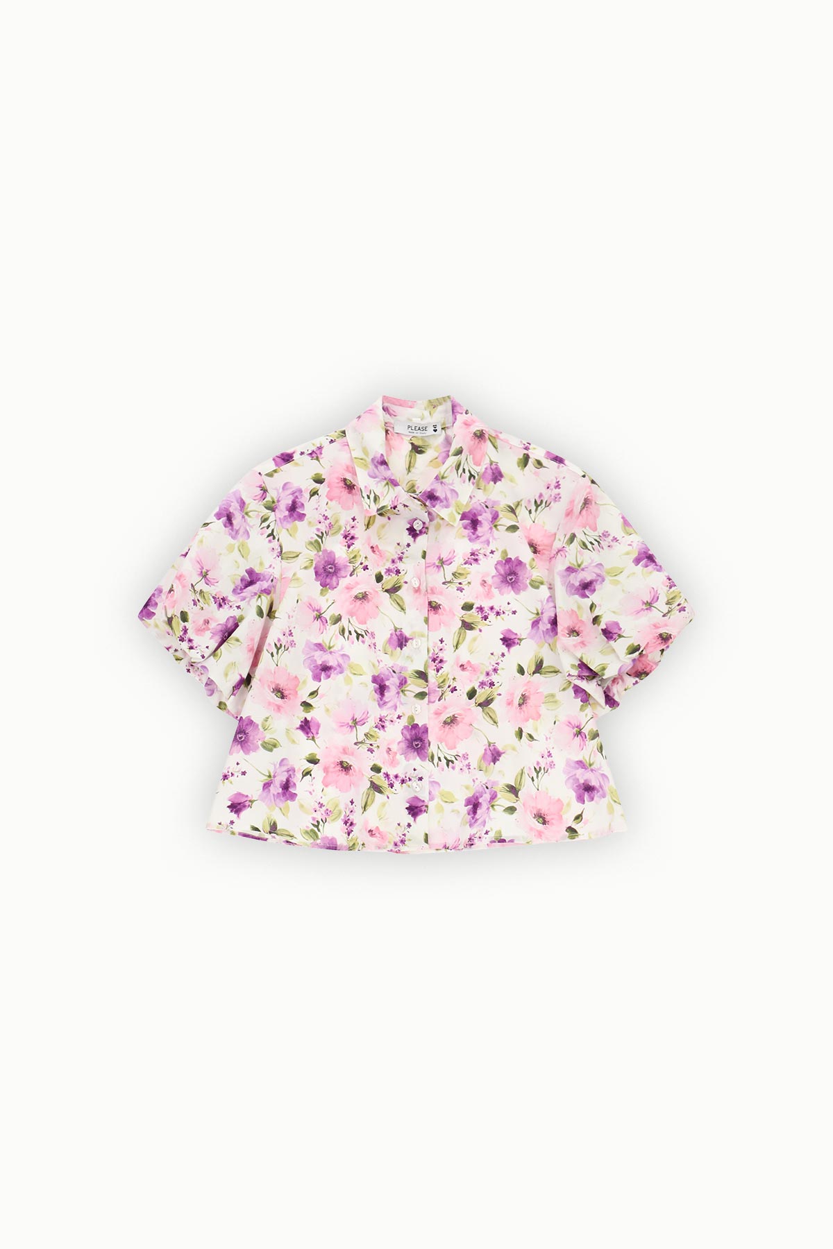 Women's short-sleeve button-up blouse with collar, white background and pink and purple floral print