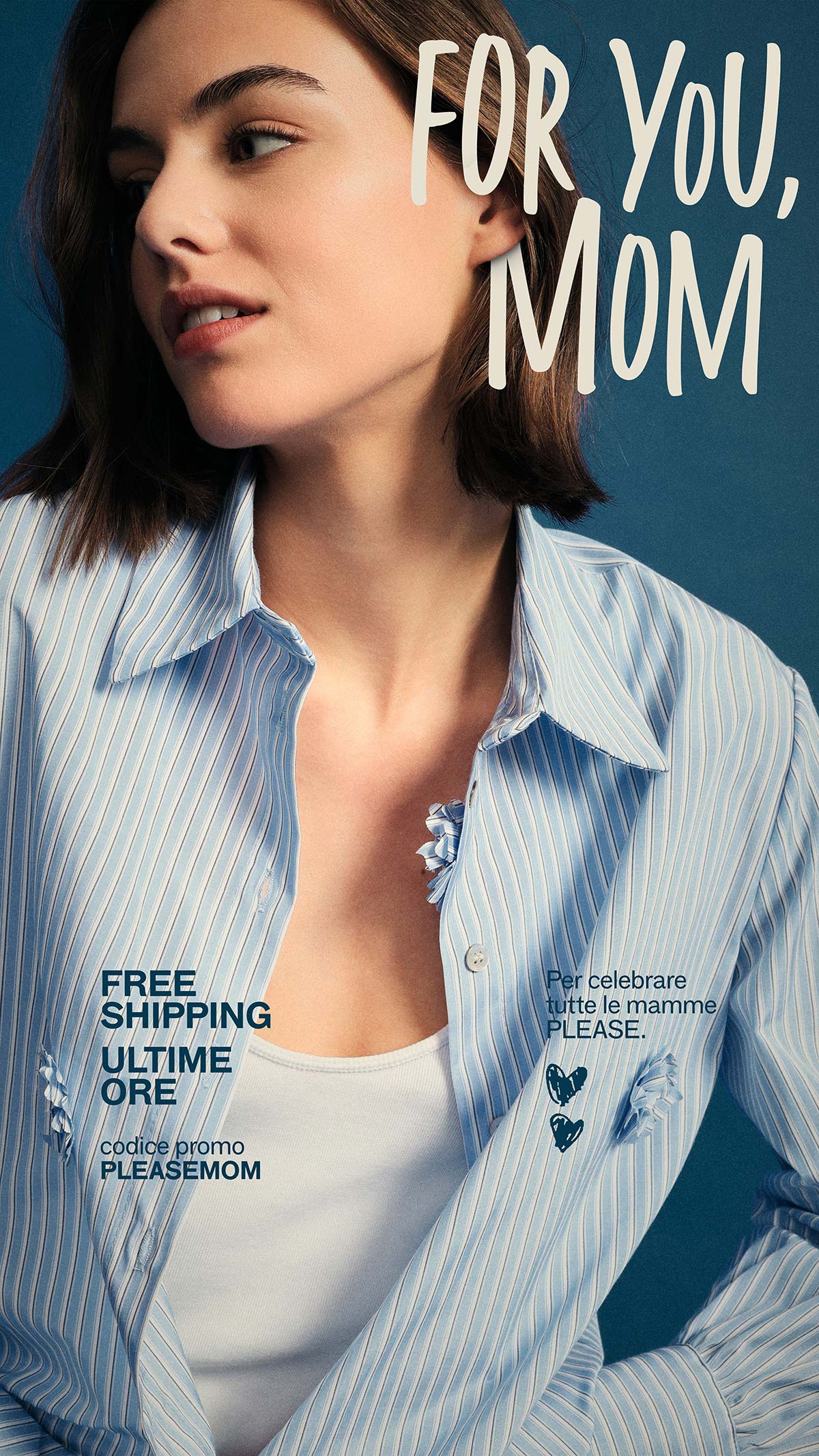 Young woman in blue striped shirt and white vest, magazine-style Mother's Day promo with large text 'For You, Mom' showcasing casual gift fashion