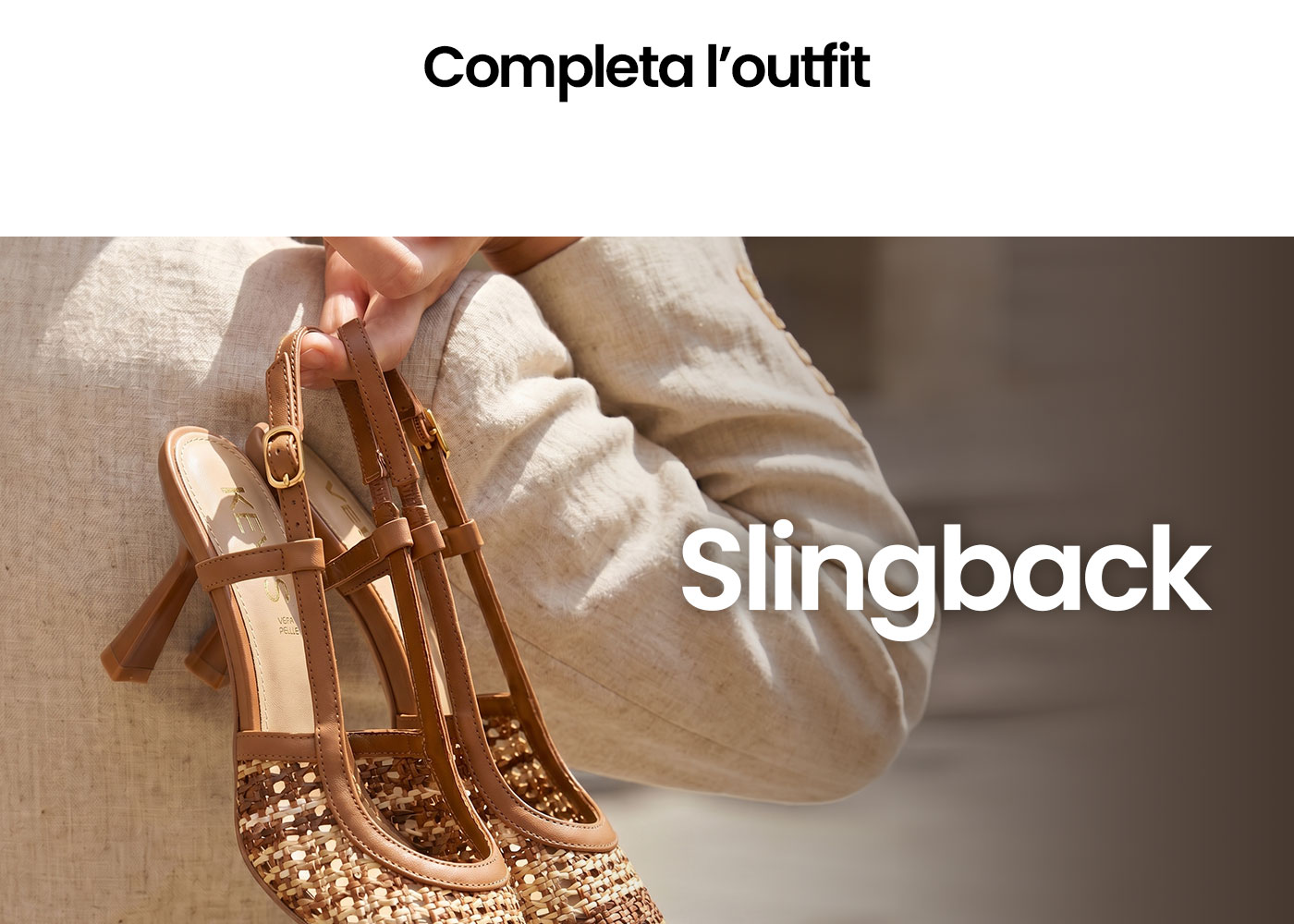 Woman's tan woven leather slingback heels with mid block heels held against a neutral linen jacket backdrop