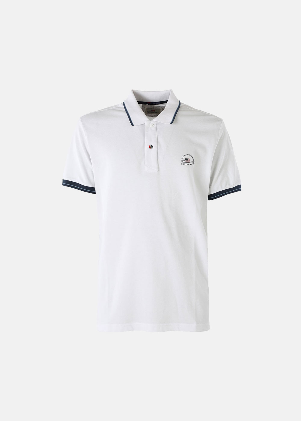 White men's polo shirt with navy collar and cuff trim, small embroidered chest logo and three‑button placket