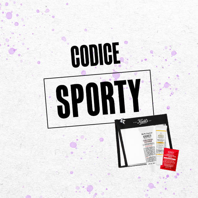 Routine omaggio Kiehl's Codice Sporty. Kit skincare con pochette nera  trasparente contenente Ultra Facial Cleanser e altri prodotti viso  Kiehl's su sfondo bianco con schizzi lilla. Disponibile con spesa da 59&euro;.