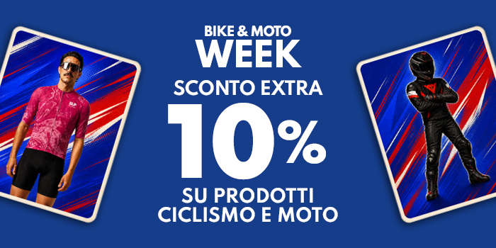 Bike & Moto Week banner: extra 10% off cycling and motorcycle products, cyclist in pink kit left and motorcyclist in black suit right